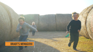 a group of children running through the hay bale maze at Bradt's Menagerie